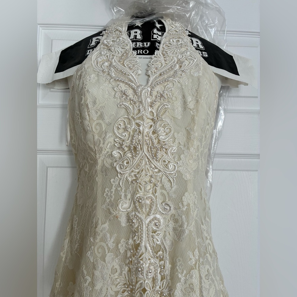 Jessica McClintock Ivory Peplum Midi Dress Halter Lace Sleeveless - Picture 3 of 7